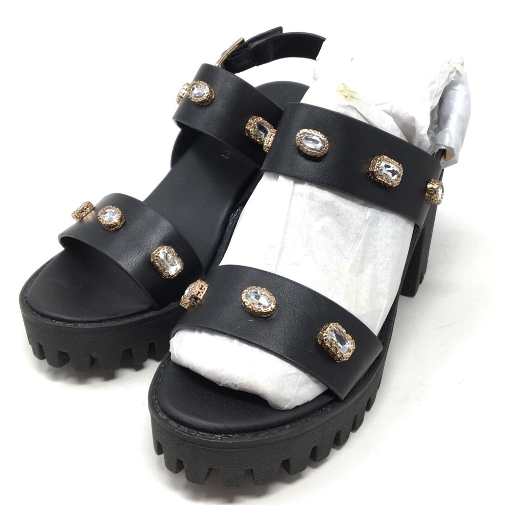 Madden Girl Storrm Women's Size 8.5 Black Jewel Lug Block Heel Platform Sandals - Picture 3 of 7